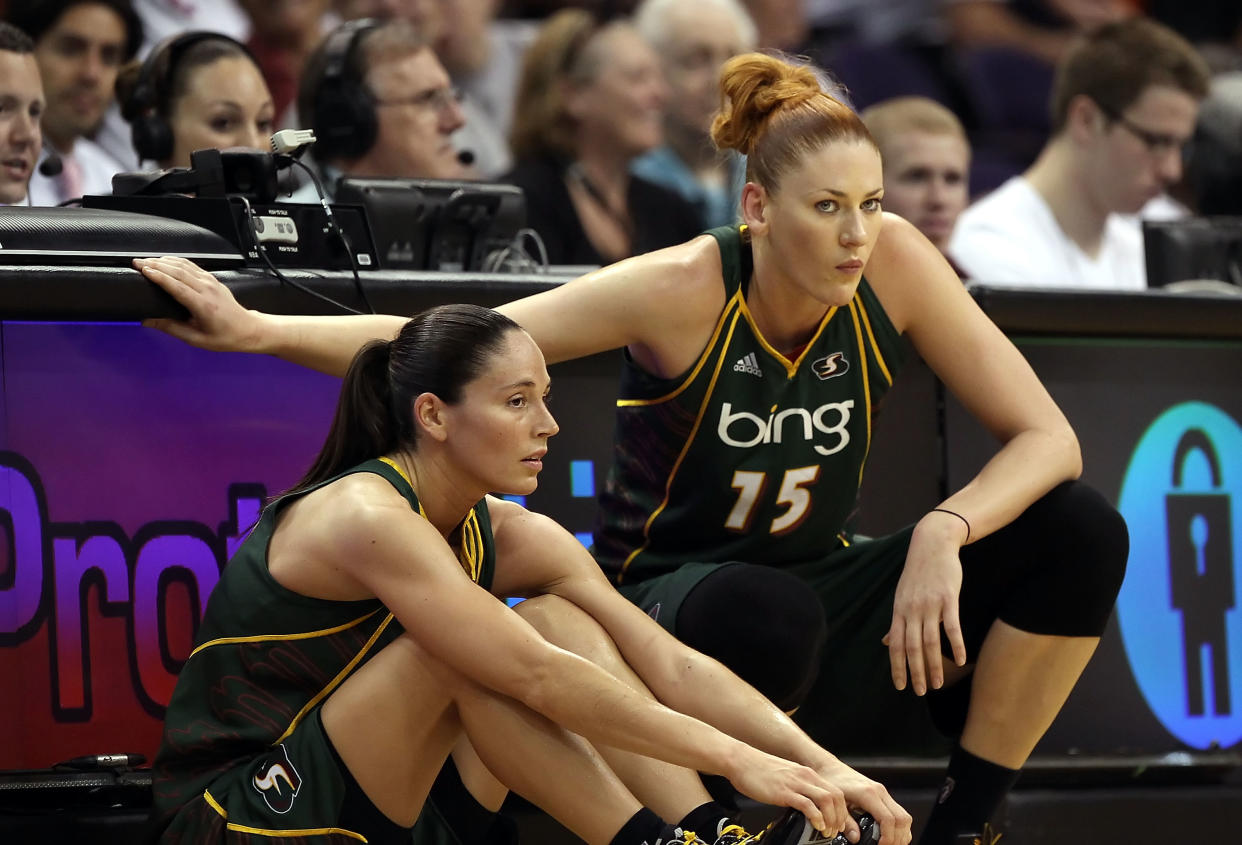 Lauren Jackson, right, and Sue Bird, shown during a 2010 game, teamed up to bring the Seattle Storm two titles. Jackson will be inducted into the Naismith Memorial Basketball Hall of Fame this weekend. (Christian Petersen/Getty Images)