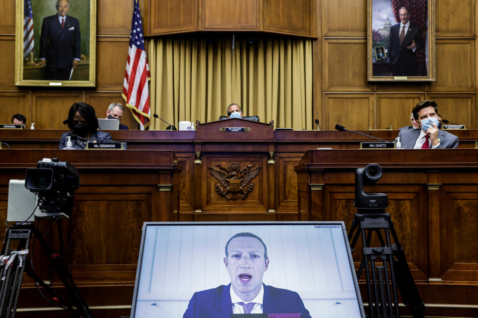 Facebook CEO Mark Zuckerberg speaks via video conference during a hearing of the House Judiciary Subcommittee on Antitrust, Commercial and Administrative Law on "Online Platforms and Market Power", in the Rayburn House office Building on Capitol Hill, in Washington, U.S., July 29, 2020. Graeme Jennings/Pool via REUTERS