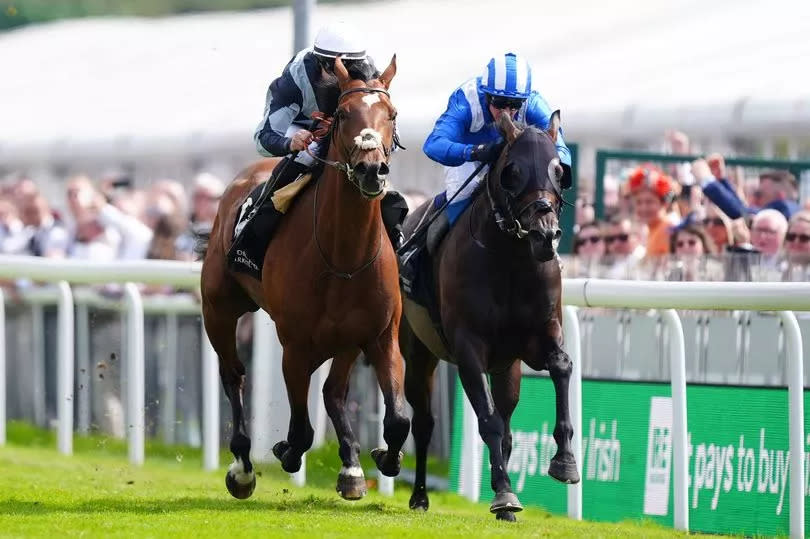 Passenger, ridden by Richard Kingscote (left), on their way to winning the IRE-Incentive, It Pays To Buy Irish Huxley Stakes from Israr (right) on day three at the 2024 Boodles Chester May Festival at Chester Racecourse on Friday, May 10, 2024