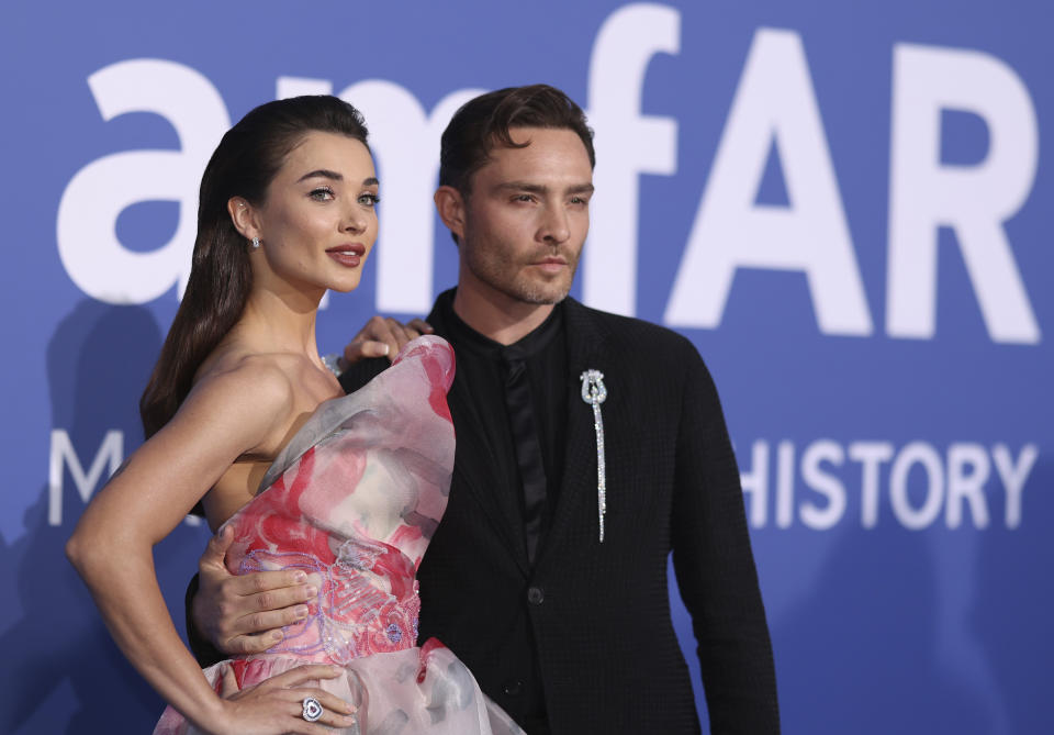 Amy Jackson, left and Ed Westwick pose for photographers upon arrival at the amfAR Cinema Against AIDS benefit at the Hotel du Cap-Eden-Roc, during the 76th Cannes international film festival, Cap d'Antibes, southern France, Thursday, May 25, 2023. (Photo by Vianney Le Caer/Invision/AP)