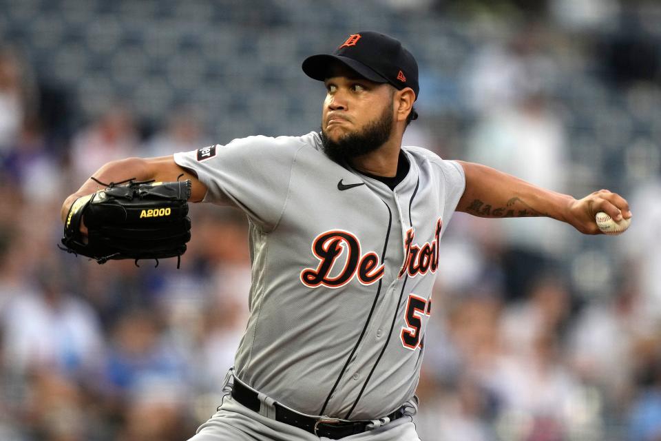 Detroit Tigers starting pitcher Eduardo Rodriguez throws during the first inning of a baseball game against the Kansas City Royals at Kauffman Stadium in Kansas City, Missouri, on Wednesday, July 19, 2023.