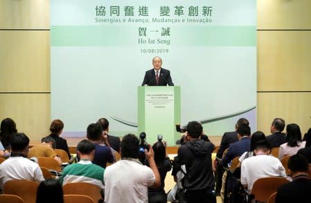 Ho Iat Seng, the candidate for Macau chief executive, speaks at a news conference in Macau