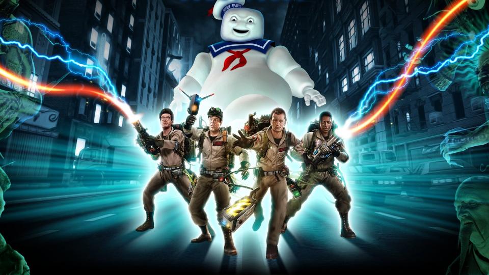 The cover for Ghostbusters: The Video Game shows the four Ghostbusters with their proton packs in front of a giant Stay Puft Marshmellow Man