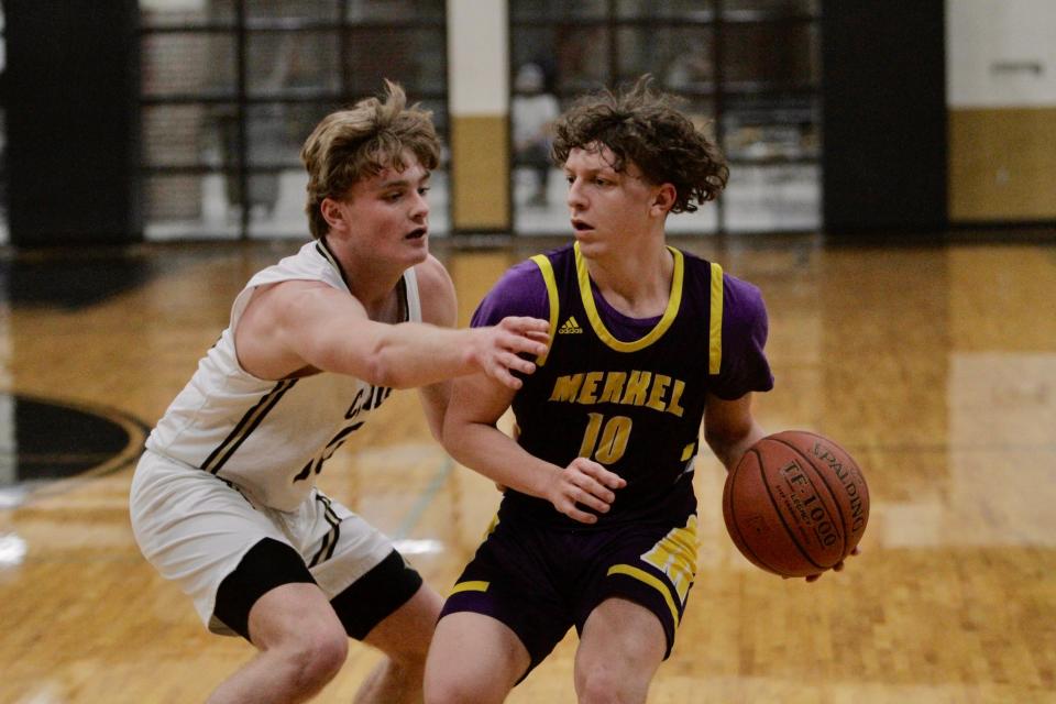 Merkel's Reid Hoyle picks up his dribble against Clyde on Friday, Jan. 14, 2022.