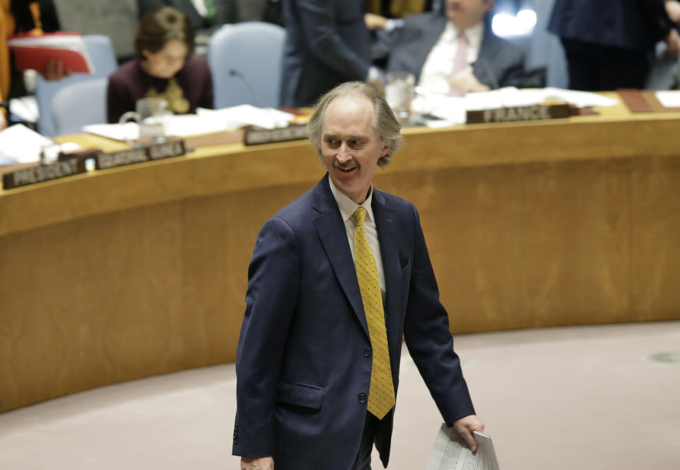 The United Nations Special Envoy for Syria Geir Pedersen greets people before the start of a Security Council meeting at U.N. headquarters, Thursday, Feb. 28, 2019. (AP Photo/Seth Wenig)