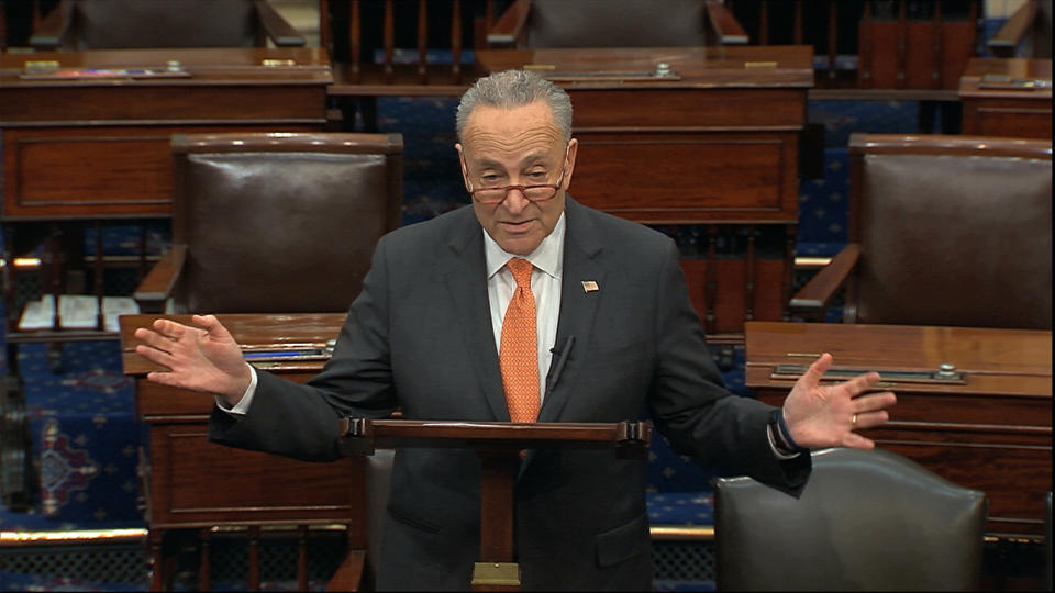 In this image from video, Senate Minority Leader Chuck Schumer, D-N.Y., speaks on the Senate floor at the U.S. Capitol in Washington, Saturday, March 21, 2020. (Senate Television via AP)