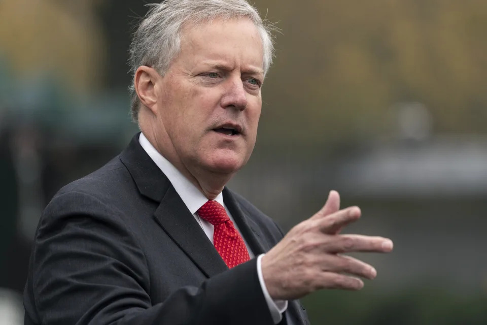 FILE - Mark Meadows speaks with reporters at the White House, Oct. 21, 2020, in Washington. Meadows, chief of staff for former President Donald Trump, was among those indicted Wednesday, April 24, 2024, in an Arizona election interference case. (AP Photo/Alex Brandon, File)