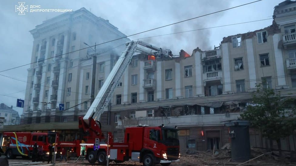 The damage station in the centre of Dnipro following a Russian missile attack