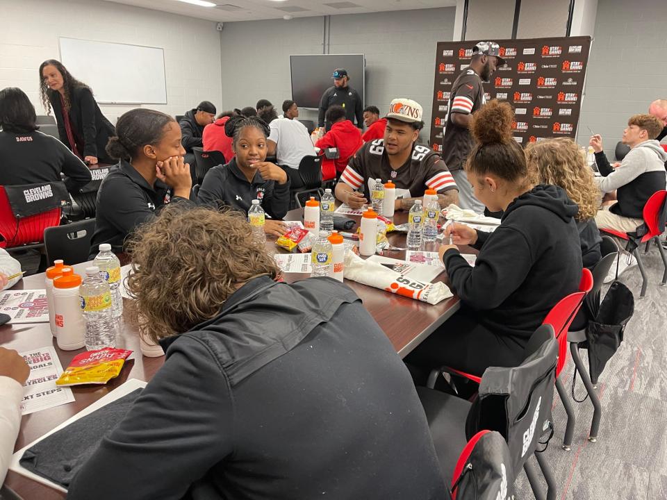 Curtis Weaver has fun speaking Tuesday to Canton McKinley students in the sports medicine class.