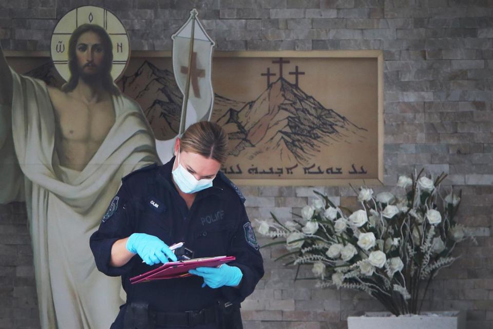 PHOTO: A member of NSW Forensic police is seen at Christ The Good Shepherd Church in the suburb of Wakeley on April 16, 2024 in Sydney, Australia.  (Lisa Maree Williams/Getty Images)