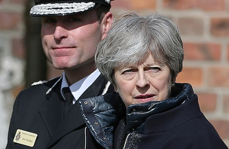 Britain's Prime Minister Theresa May visits the scene of the attack on a former Russian double agent for the first time on Thursday