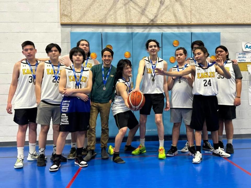 The Sheshatshiu Eagles are proud to represent their school and community at their first ever basketball tournament.  (Facebook/Kanani Davis  - image credit)