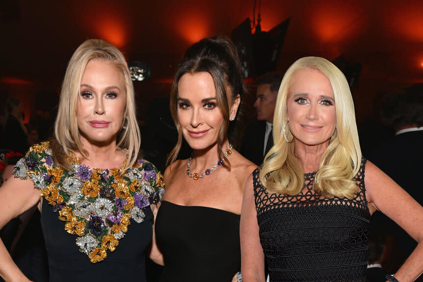 Collage of Kathy Hilton with Kyle Richards at the Elton John AIDS Foundation's party and Kim Richards at a TV premiere.