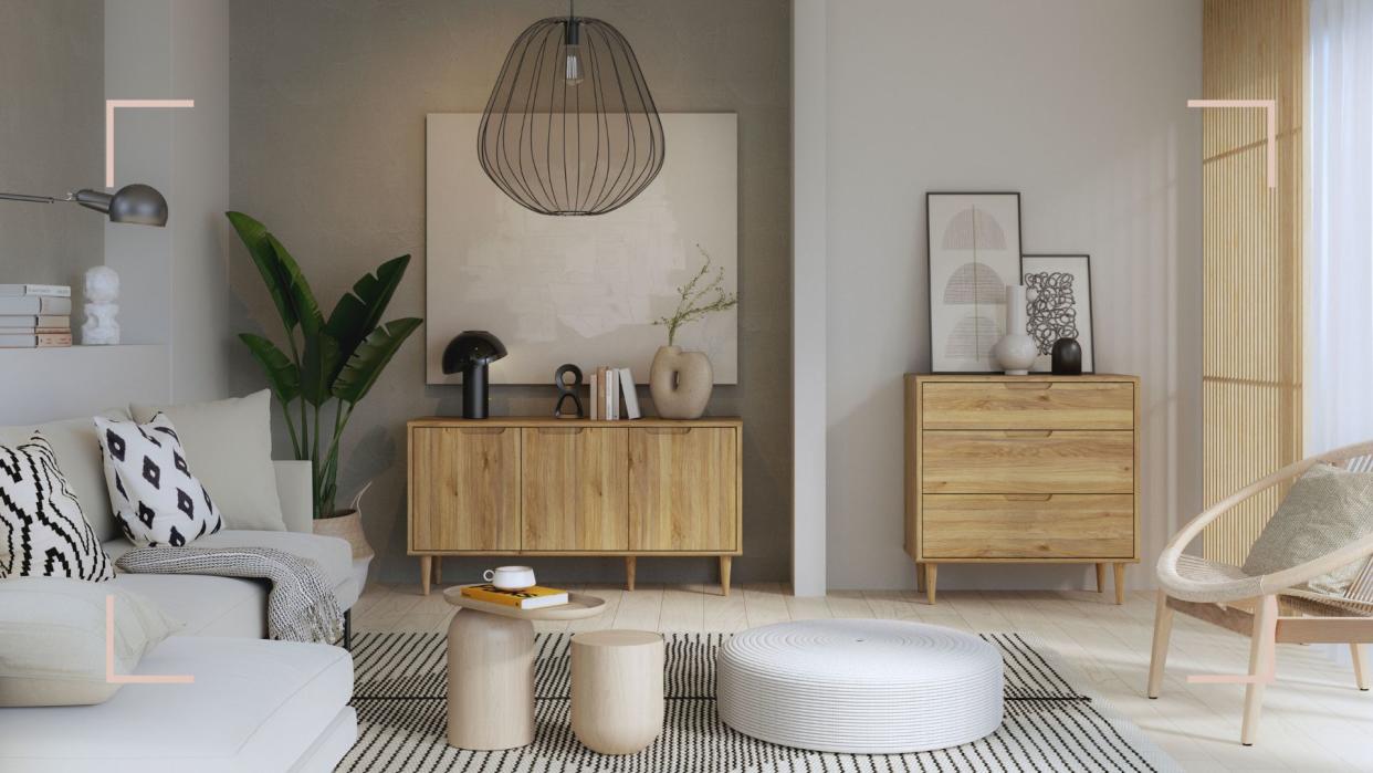  Neutral living room with white sofas and wooden sideboard and cabinet made using EasyKlix by Forte range exclusively at John Lewis. 