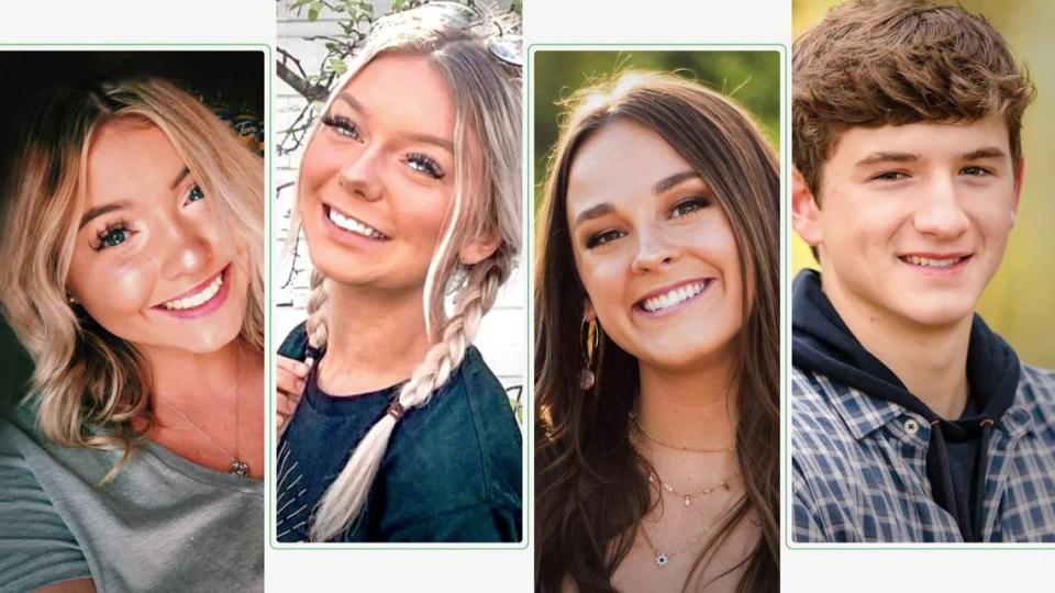 From left, Kaylee Goncalves, Madison Mogen, Xana Kernodle and Ethan Chapin were killed in a November 2022 attack at an off-campus house on King Road in Moscow near the University of Idaho.