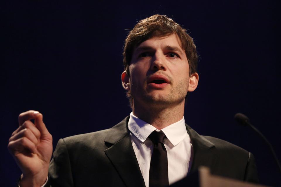 Actor and Iowa native Ashton Kutcher gets emotional as he accepts the Robert D. Ray Pillar of Character award Saturday, April 8, 2017, during An All-Star Evening at the Robert D. and Billie Ray Center in West Des Moines, Iowa.