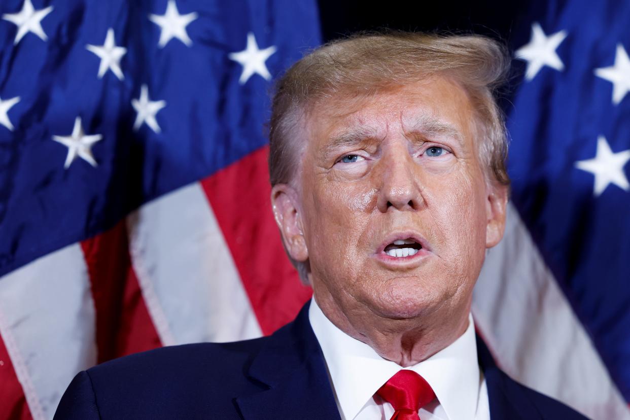 Former U.S. President Donald Trump speaks to reporters before his speech at the annual Conservative Political Action Conference (CPAC) at Gaylord National Resort & Convention Center on March 4, 2023 in National Harbor, Maryland. Trump took questions from reporters over a range of topics including on the progress of his campaign and his opinions on the war in Ukraine. Conservatives gathered at the four-day annual conference to discuss the agenda of the Republican Party.