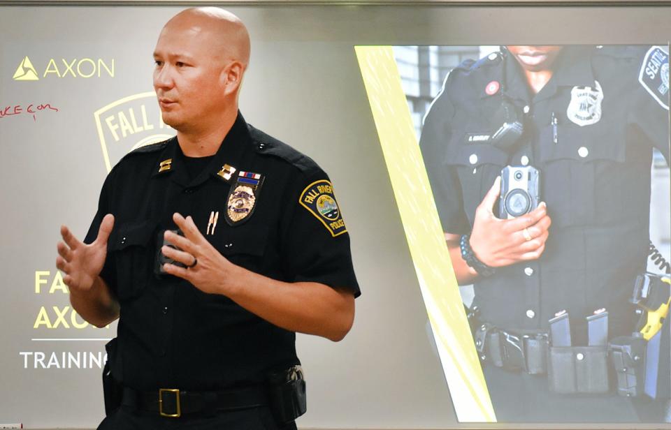 Captain J.T. Hoar speaks at taser and body cam training at the FRPD Friday.