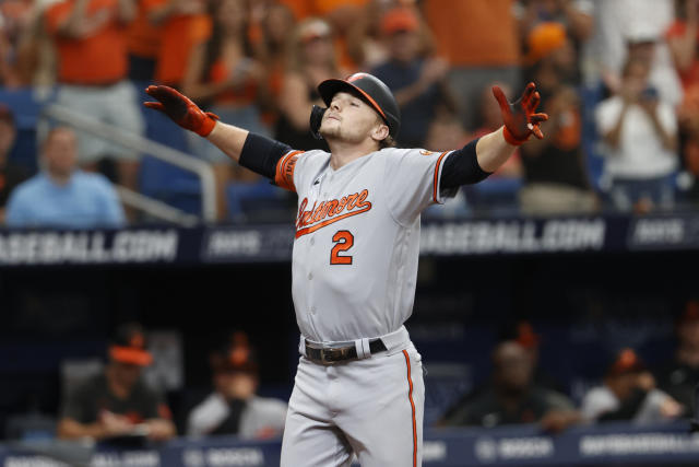 Gunnar Henderson of the Baltimore Orioles celebrates hittiing a solo  News Photo - Getty Images