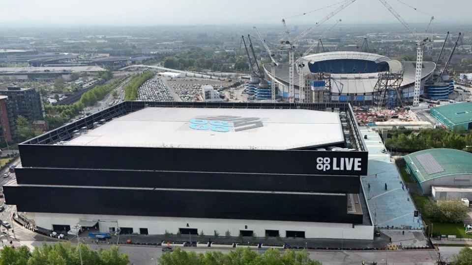 Aerial shot showing Co-op Live in the foreground and the Etihad Stadium behind