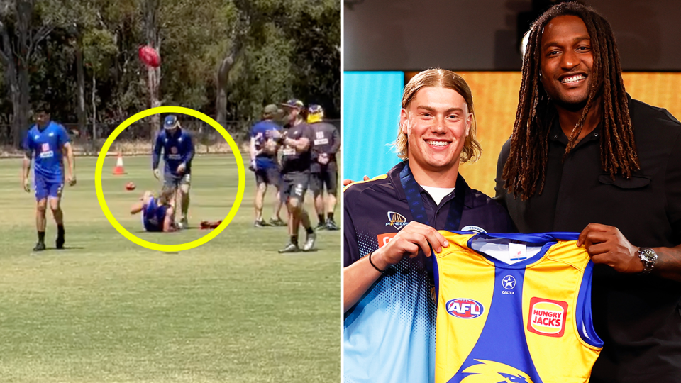 Harley Reid injured and Reid poses after becoming AFL No.1 draft selection.
