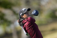 Celine Boutier of France watches her shot on the second hole during the final round of the BMW Ladies Championship at LPGA International Busan in Busan, South Korea, Sunday, Oct. 24, 2021. (AP Photo/Lee Jin-man)