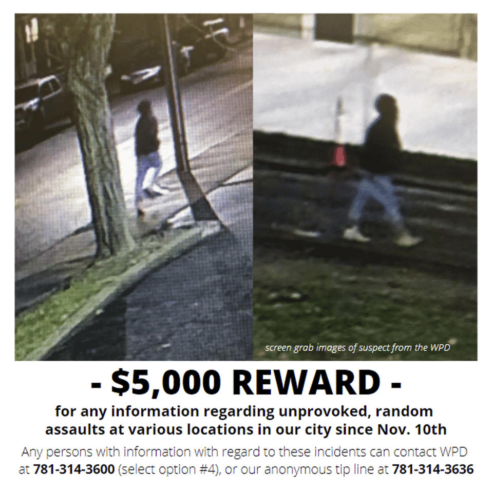 This reward poster released Tuesday, Dec. 1, 2020, by the City of Waltham on its social media accounts shows images of a possible suspect of at least 10 unprovoked brutal attacks on male pedestrians on city streets who have been targeted since Nov. 10, in Waltham, Mass. (City of Waltham Police Department via AP)