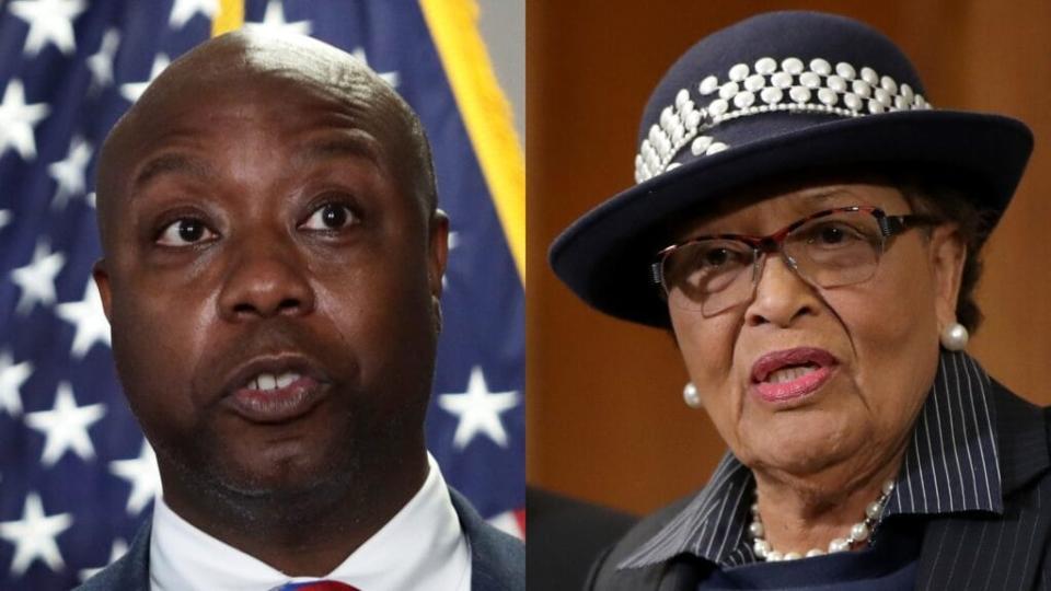 A bipartisan bill co-sponsored by South Carolina Sen. Tim Scott (left) and North Carolina Rep. Alma Adams (right) directs money to renovate and modernize buildings at over 100 of the nation’s historic Black colleges and universities. (Photos by Alex Wong/Getty Images and Chip Somodevilla/Getty Images)