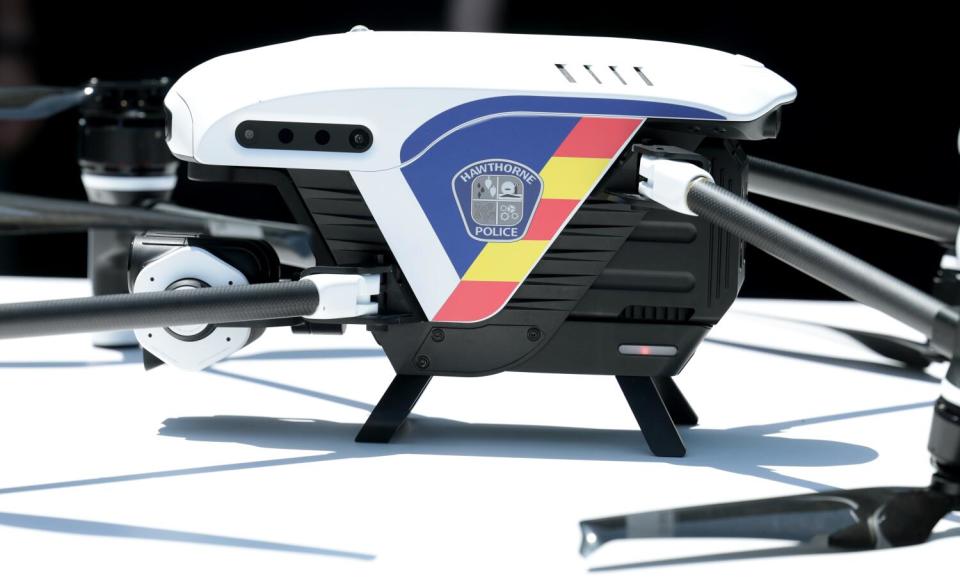 A drone with a Hawthorne police logo