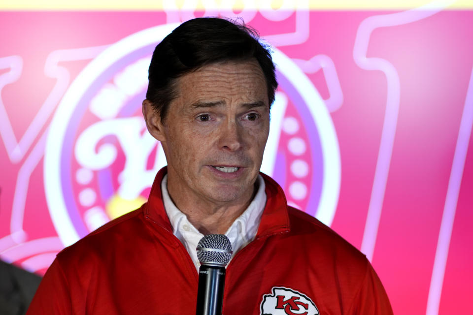 Kansas City Chiefs president Mark Donovan address the crowd during an election watch party after voters rejected the extension of a sales tax to provide funding for a new baseball stadium for the Kansas City Royals and renovations for the Chiefs' football stadium Tuesday, April 2, 2024, in Kansas City, Mo. (AP Photo/Charlie Riedel)