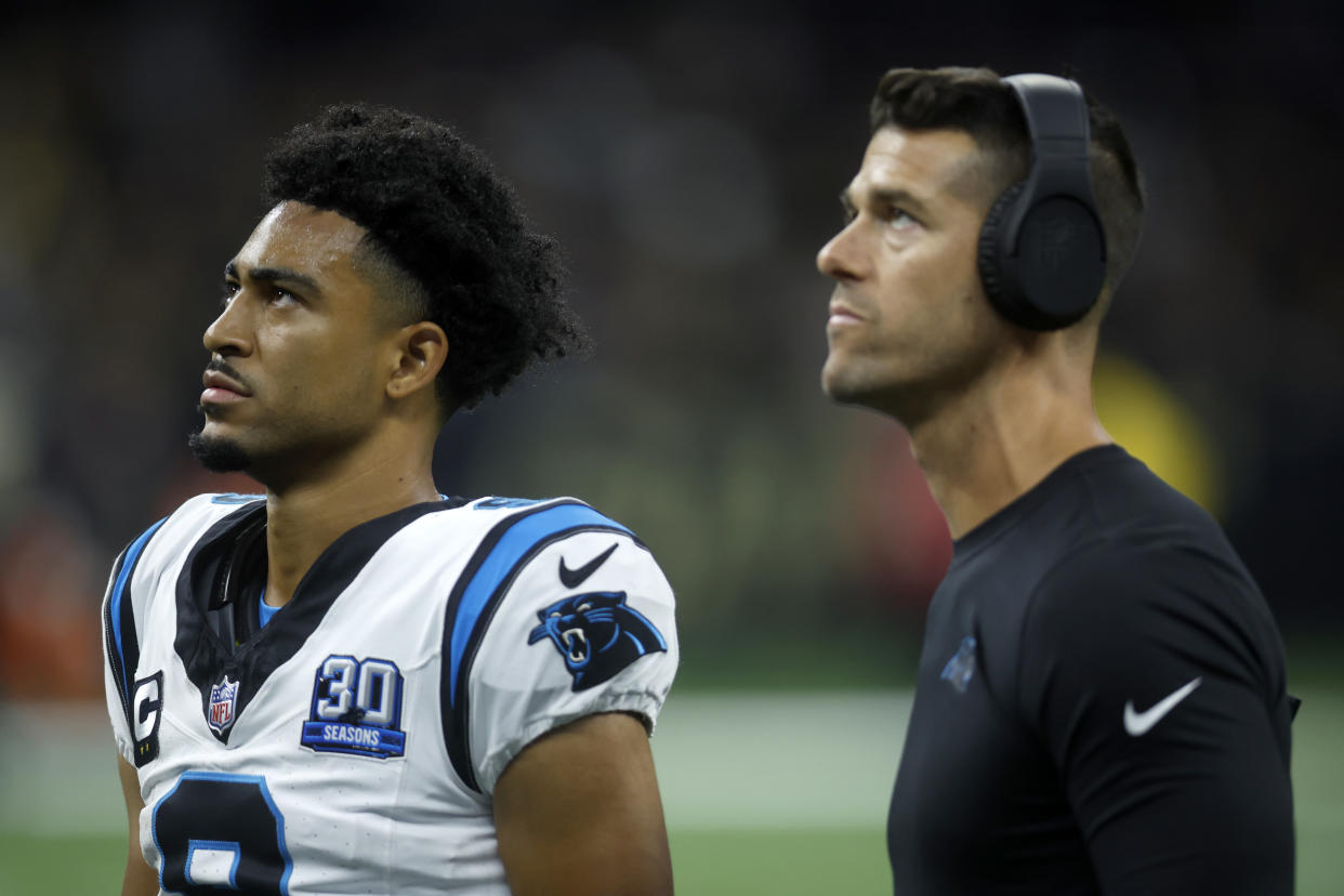 Young and new Panthers head coach Dave Canales look on during a Week 1 loss to the Saints. (Chris Graythen/Getty Images)