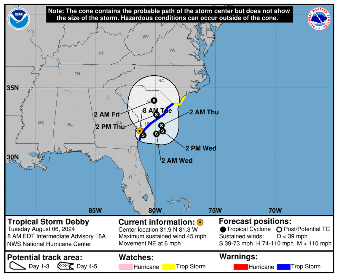 Tropical Storm Debby’s path and progress NHC’s Tuesday, Aug 06 update