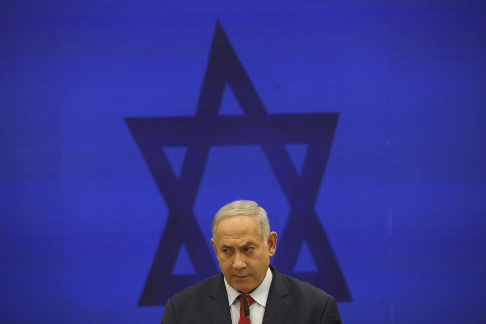 FILE - In this Sept. 10, 2019 file photo, Israeli Prime Minister Benjamin Netanyahu, speaks during a press conference in Tel Aviv, Israel. Netanyahu, locked in a razor tight race and facing the likelihood of criminal corruption charges, a decisive victory in Tuesday, Sept. 17, vote may be the only thing to keep him out of the courtroom. (AP Photo/Oded Balilty, File)