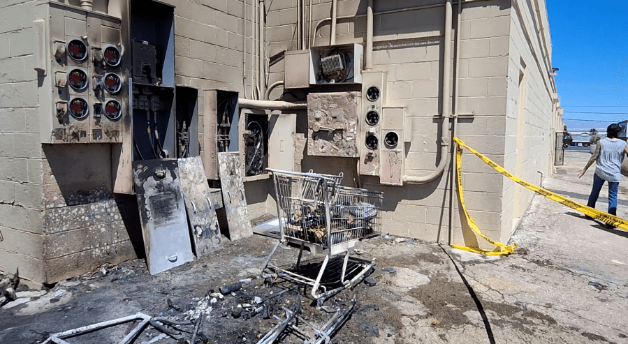 The backside of Pecos Center on Monday, the location of a shopping cart fire that spread to nearby electrical panels the previous Saturday. (KLAS)