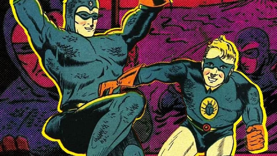 Blue Beetle and Sparky, his kid sidekick, in the 1940s Blue Beetle series.