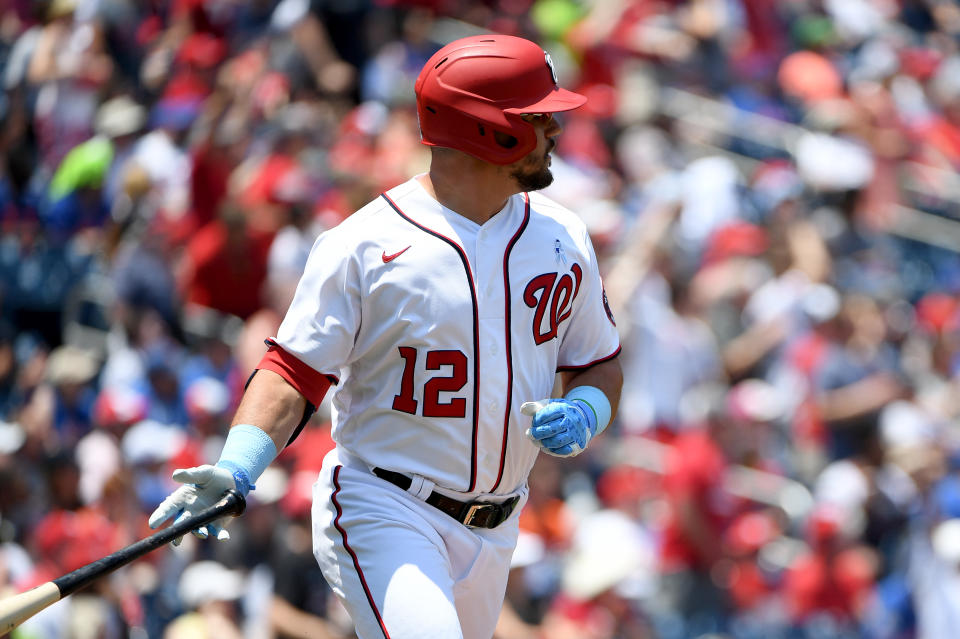 WASHINGTON, DC - JUNE 20: Kyle Schwarber #12 of the Washington Nationals looks on after hitting a home run against the New York Mets at Nationals Park on June 20, 2021 in Washington, DC. (Photo by Will Newton/Getty Images)