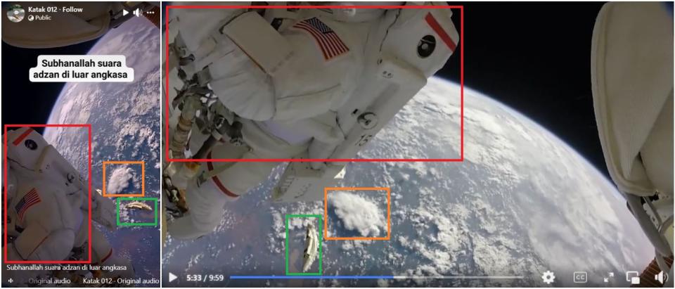 <span>Screenshot comparison of the video from the false post (left) and the original video from the ISS (right)</span>