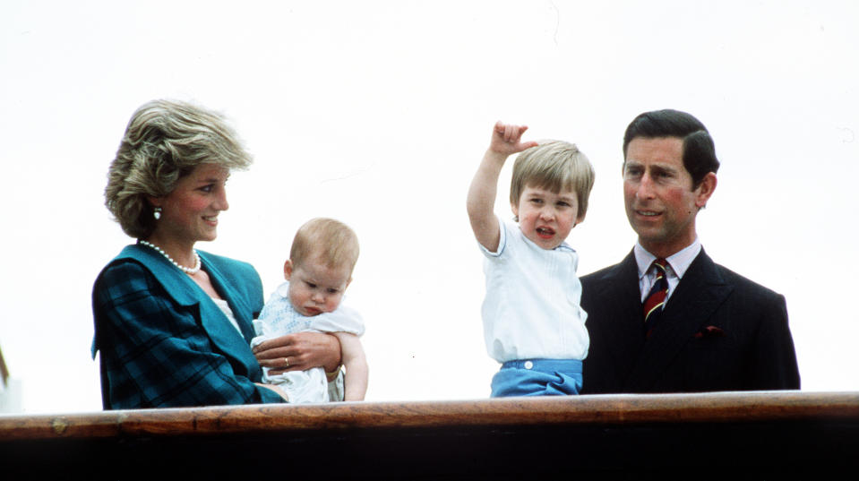  Prince Charles, Prince of Wales, Princess Diana, Princess of Wales pose with sons Prince William and Prince Harry on the Royal Yacht Britannia on May 6, 1985 in Venice, Italy.  