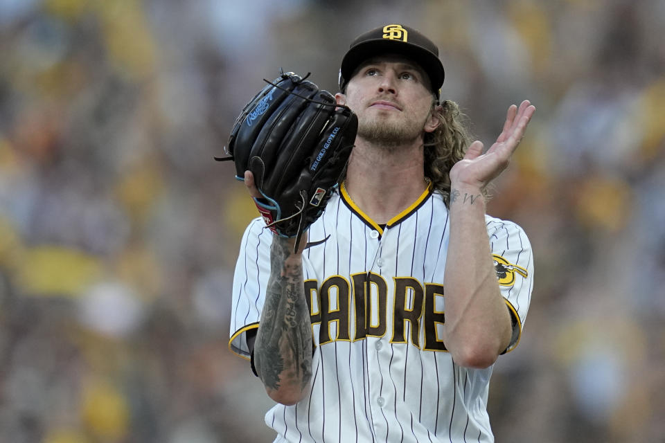 San Diego Padres relief pitcher Josh Hader celebrates their win in Game 2 of the baseball NL Championship Series between the San Diego Padres and the Philadelphia Phillies on Wednesday, Oct. 19, 2022, in San Diego. (AP Photo/Gregory Bull)