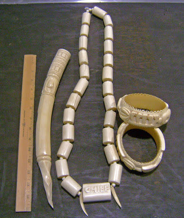 Several pieces of jewelry made of banned African elephant tusk ivory from Nigerian man at Baltimore Washington International Thurgood Marshall Airport in Maryland, U.S. are shown after its confiscation on May 1, 2013. Courtesy CBP/Handout via REUTERS/Files