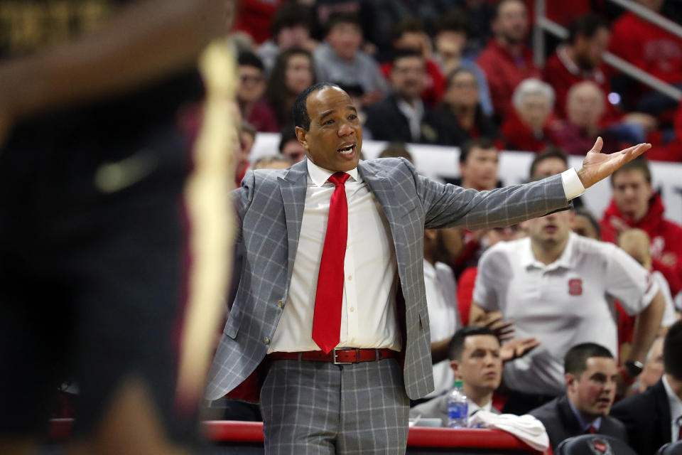 North Carolina State head coach Kevin Keatts protests after being called for a technical foul during the second half of an NCAA college basketball game against Florida State in Raleigh, N.C., Saturday, Feb. 22, 2020. (AP Photo/Karl B DeBlaker)