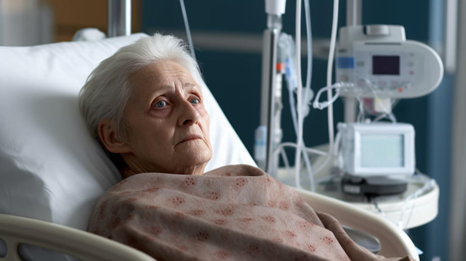 An elderly patient receiving an infusion therapy in a hospital bed.