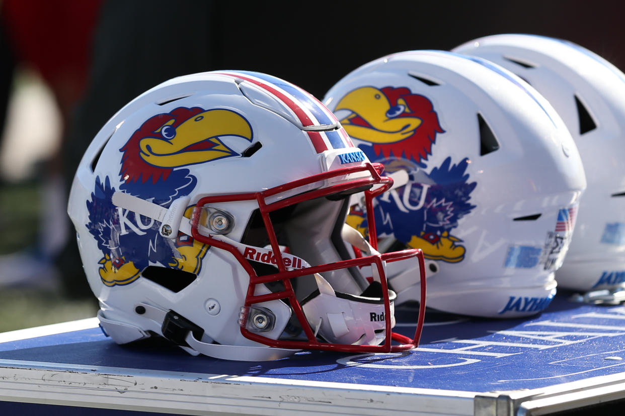 LAWRENCE, KS - NOVEMBER 06: A view of Kansas Jayhawks helmets during a Big 12 football game between the Kansas State Wildcats and Kansas Jayhawks on Nov 6, 2021 at Memorial Stadium in Lawrence, KS. (Photo by Scott Winters/Icon Sportswire via Getty Images)