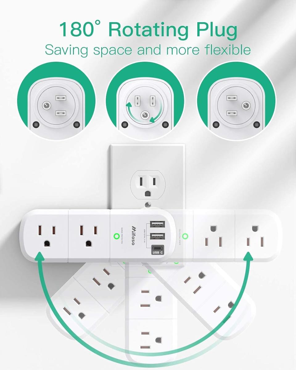 photo of USB Outlet Extender Surge Protector - with Rotating Plug, 6 AC Multi Plug Outlet and 3 USB Ports (1 USB C), 3-Sided Swivel Power Strip with Spaced Outlet Splitter for Home, Office, Travel