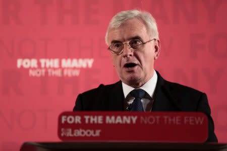 FILE PHOTO: Britain's Shadow Finance Minister John McDonnell, speaks as he sets out Labour's demands for the Spring Statement, in London, Britain, March 9, 2018. REUTERS/Simon Dawson