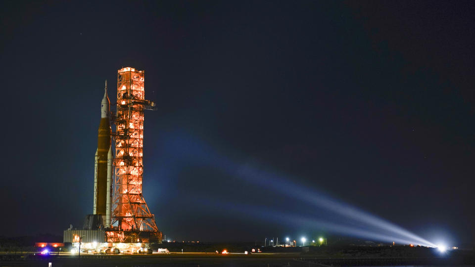 The NASA Moon rocket makes its way from the Vehicle Assembly Building headed to Pad 39B at the Kennedy Space Center, on Nov. 4, 2022, in Cape Canaveral, Fla.  (John Raoux / AP file )