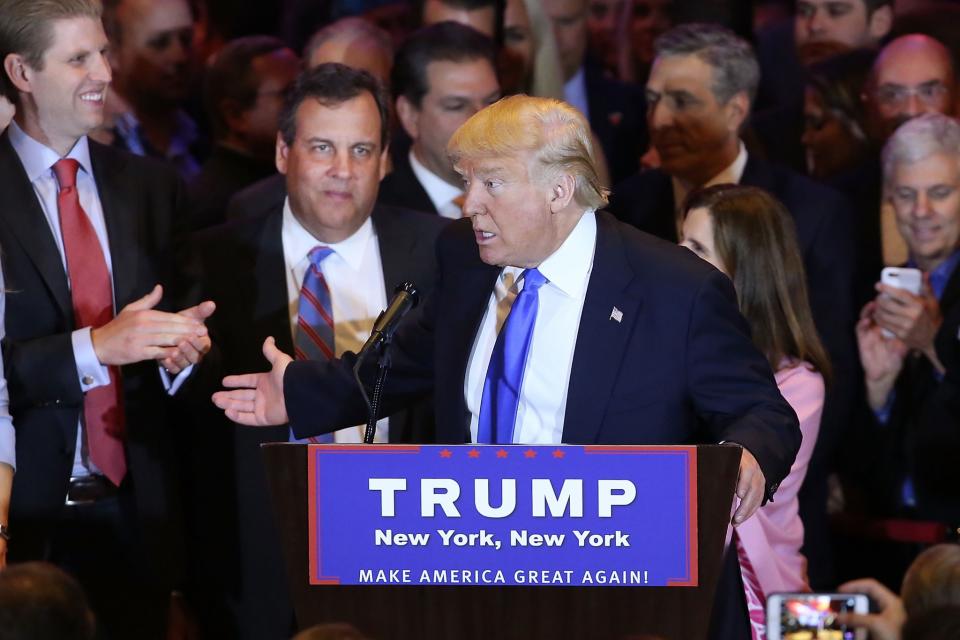 Donald Trump speaks to supporters and the media with New Jersey Gov. Chris Christie behind him at Trump Tower in April 2016. (Photo: Spencer Platt/Getty Images)