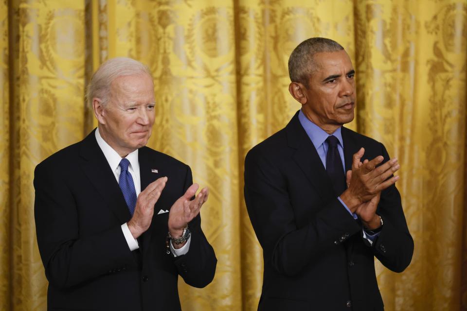 President Joe Biden and former President Obama attend an event to mark the passage of Obamacare on April 5, 2022 in Washington, DC. (Photo by Chip Somodevilla/Getty Images)