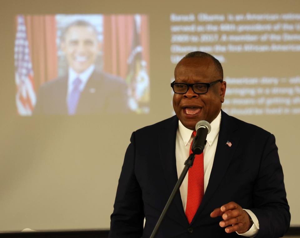 Robert Jenkins portrays President Barack Obama during a homage to influential Black leaders at the library on Saturday, Feb. 4, 2023.
