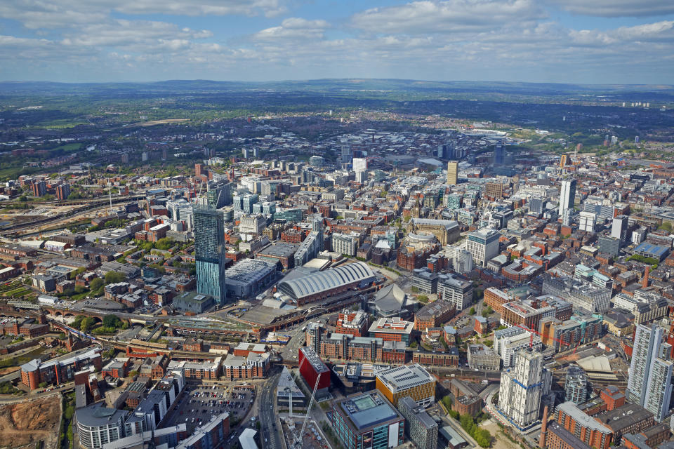 Aerial view of the city centre of Manchester with the Beetham Tower and Manchester Central Convention Complex. (Photo: Gettyimages)